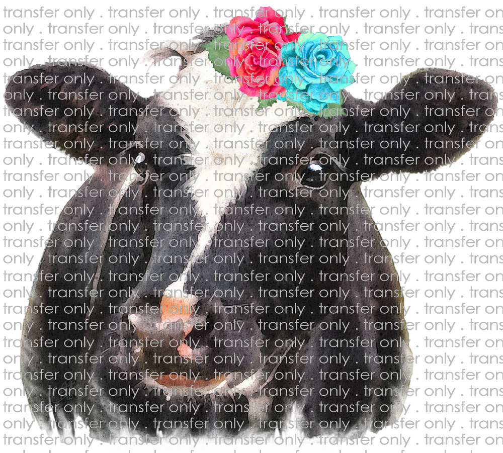 ANM 7 Black and White Watercolor Cow with Flowers